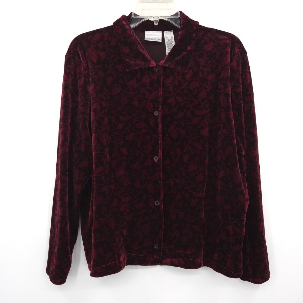 Vintage Y2K floral‎ stretch velvet long sleeve button up top Size XL red